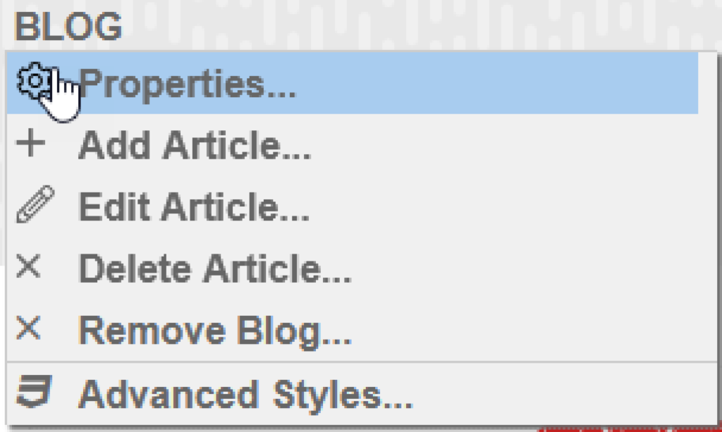 Blog Properties Menu