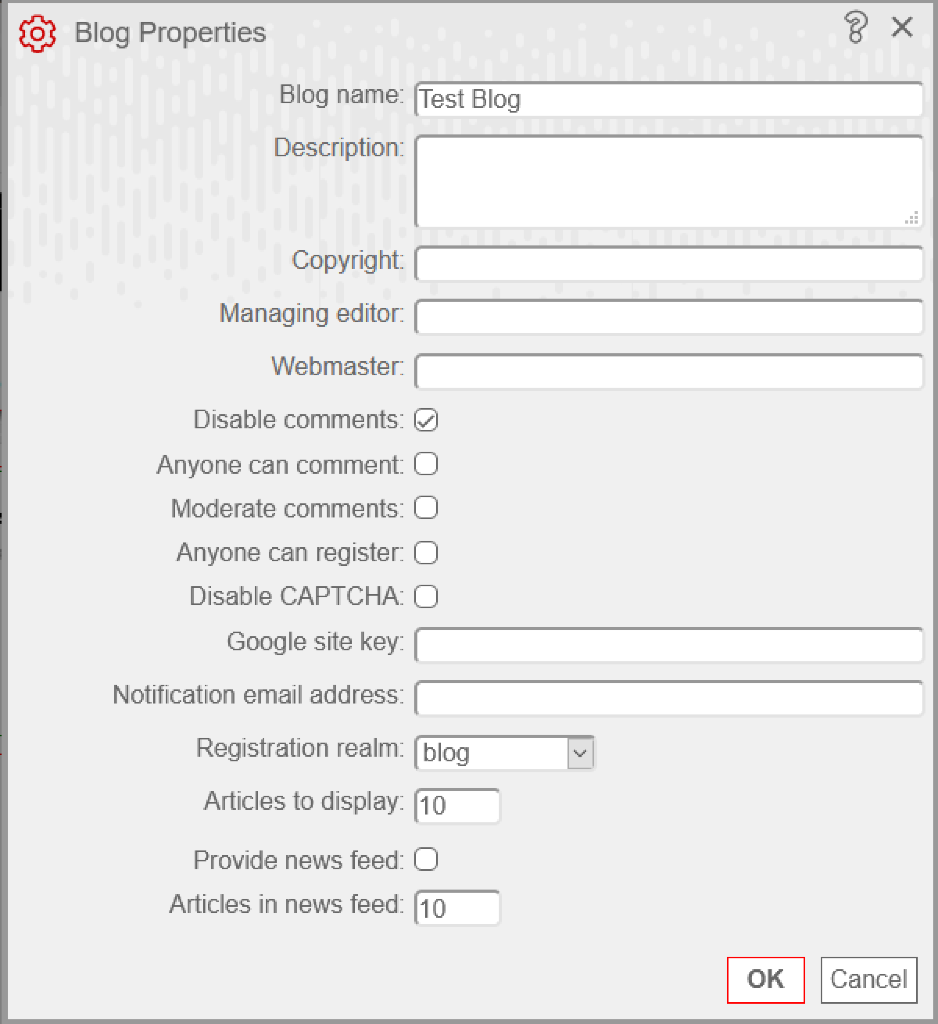 Blog Properties Dialog