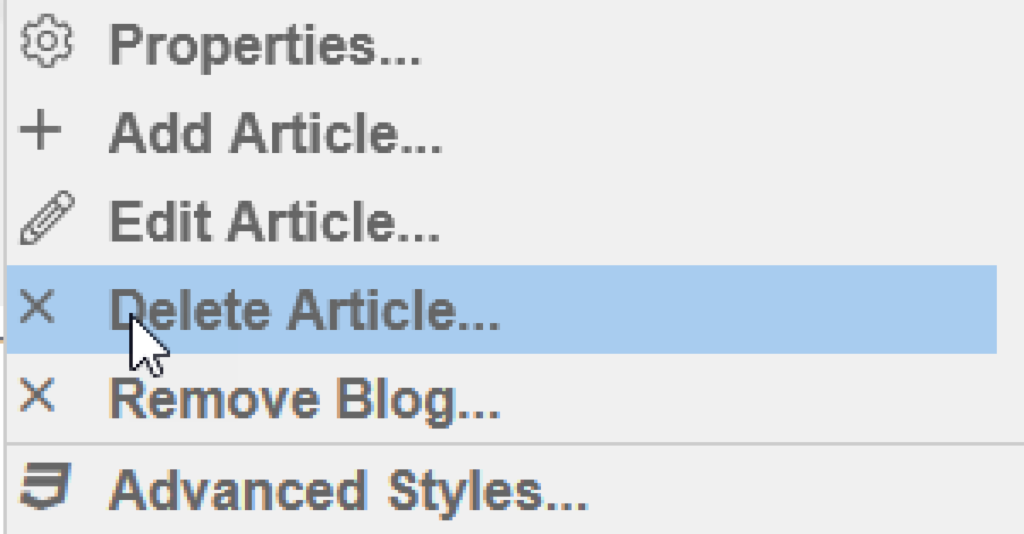 Delete Blog Article Menu