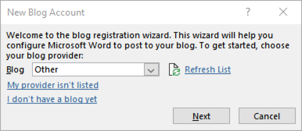 New Blog Account Dialog
